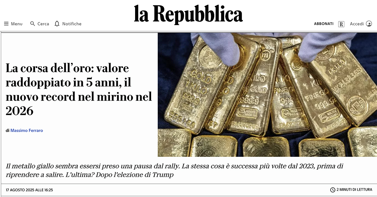 La corsa dell’oro: valore raddoppiato in 5 anni, nuovo record atteso nel 2026
