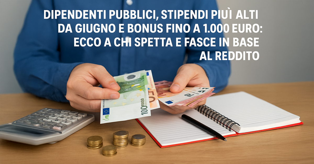 Stipendi più alti per i dipendenti pubblici da giugno 2025: arriva il bonus fino a 1.000 euro