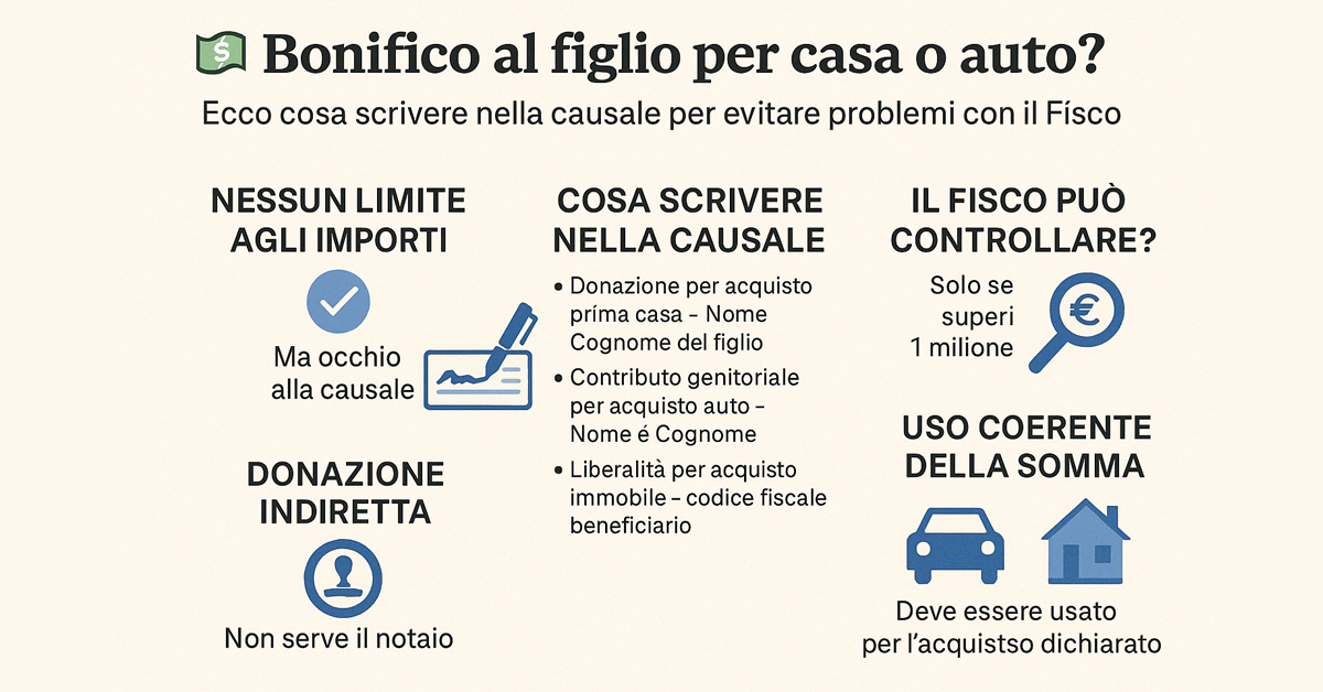Bonifico al figlio per casa o auto? Ecco cosa scrivere nella causale per evitare problemi con il Fisco