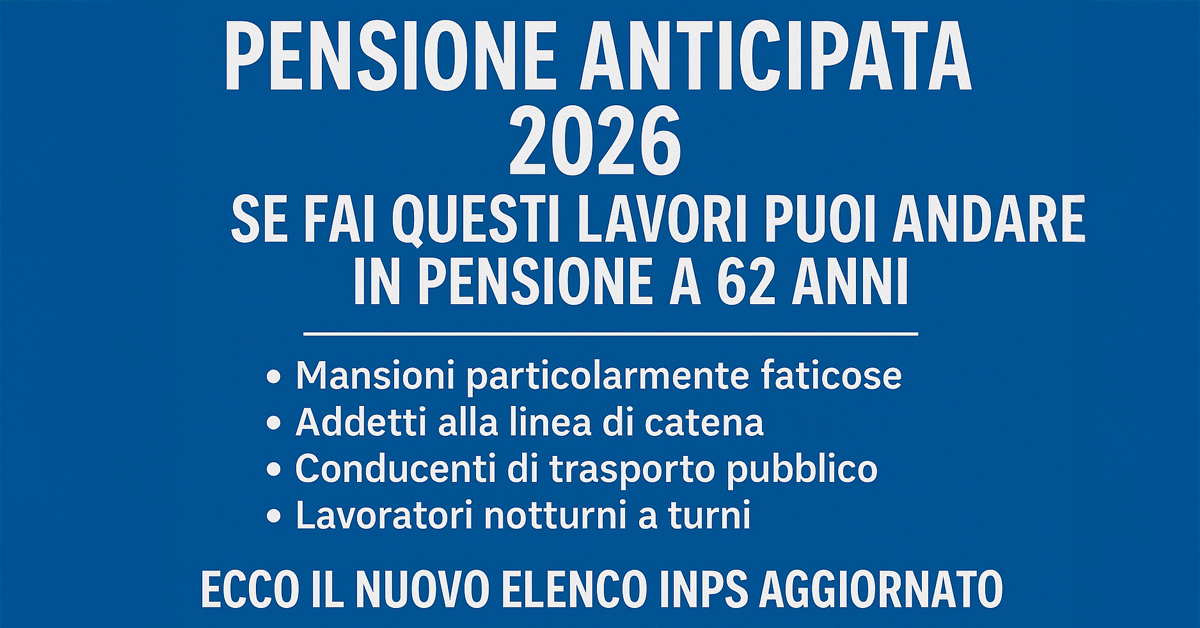 Pensione anticipata 2026: chi fa questi lavori può andare in pensione a 62 anni. Ecco il nuovo elenco INPS