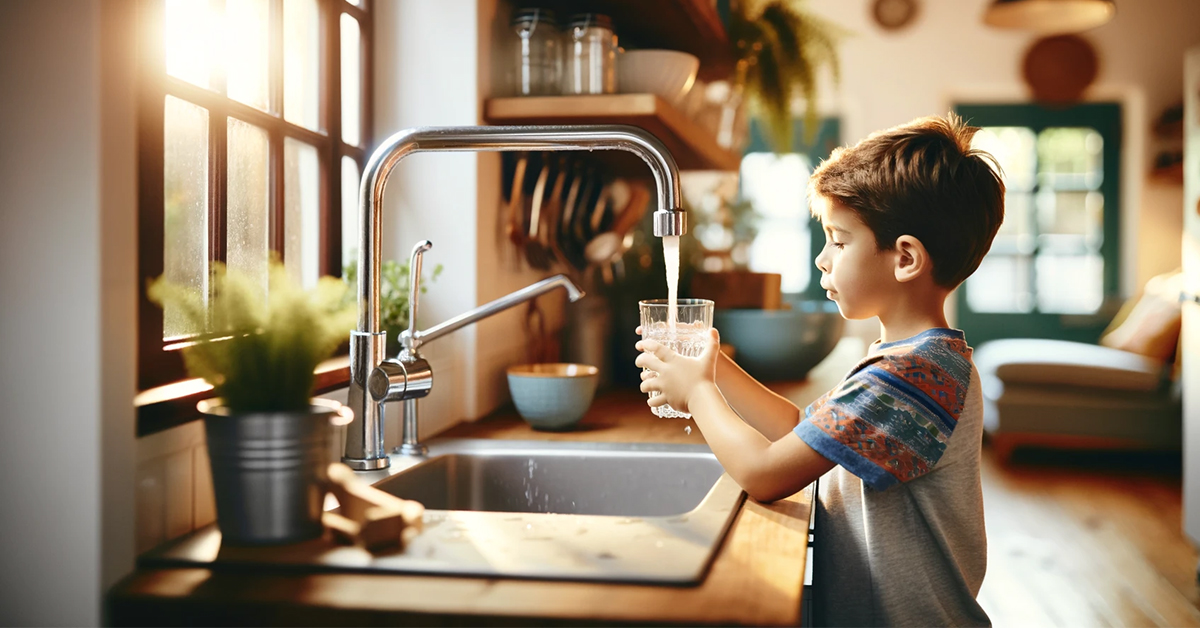 Il bambino che beve l'acqua dal rubinetto di casa