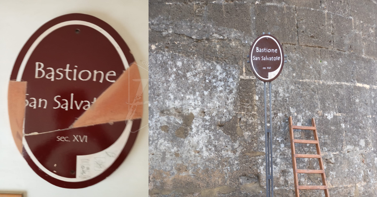 Due saccensi restaurano gratuitamente la targa turistica di Porta San Salvatore a Sciacca