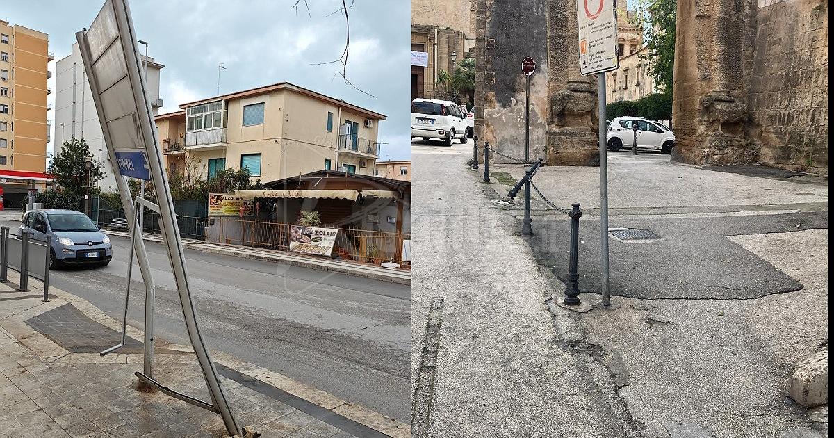 Segnali stradali e pali pubblicitari danneggiati a Sciacca