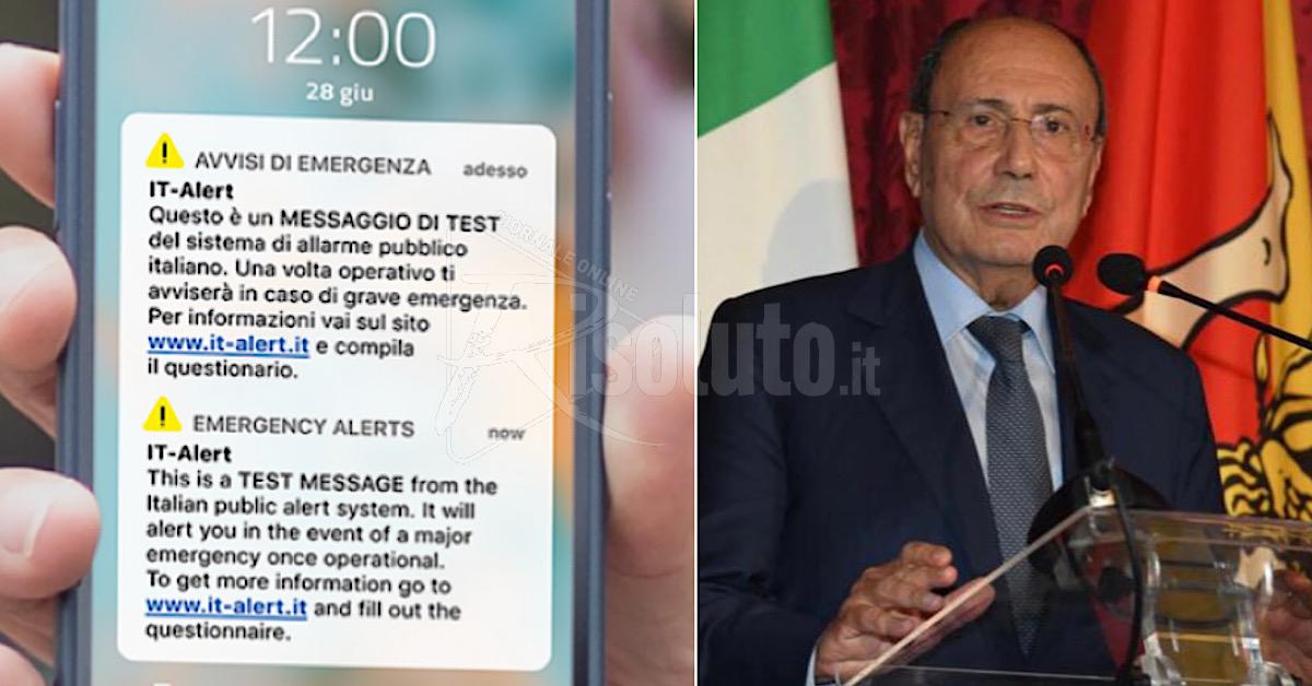 A sinistra l’esempio del messaggio che gli utenti riceveranno; a destra il presidente della Regione, Renato Schifani