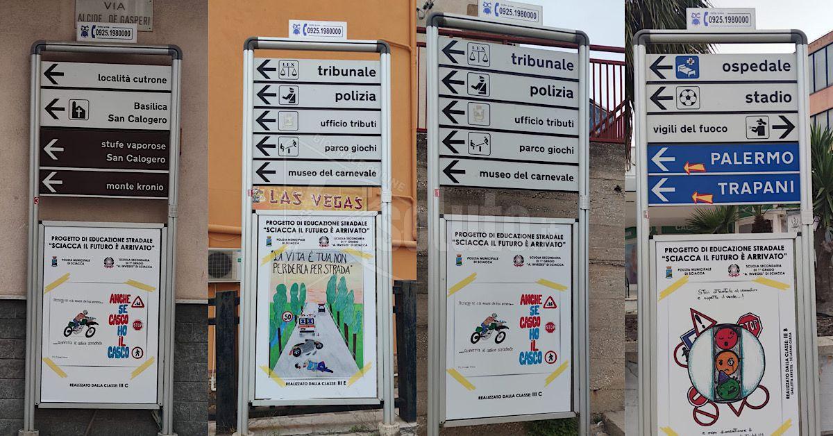 Elaborati vincitori di un progetto scolastico sulla sicurezza stradale  nei poster delle indicazioni cittadine