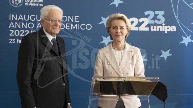 Ursula von der Leyen e Mattarella all'inaugurazione dell'anno accademico dell'università di Palermo