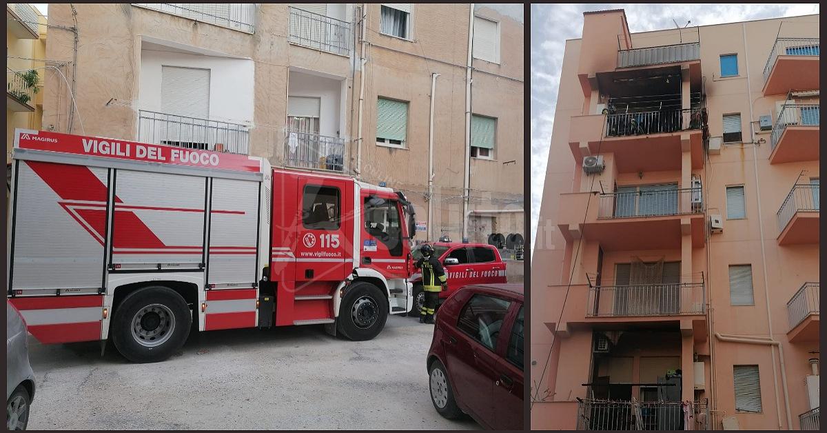 Incendio in un palazzo di via Ravasio a Sciacca, vigili del fuoco in azione