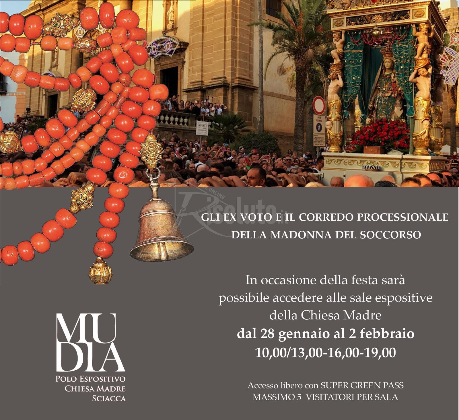 Locandina con gioielli e statua della Madonna del Soccorso di Sciacca con orari e giorni di apertura del Mudia