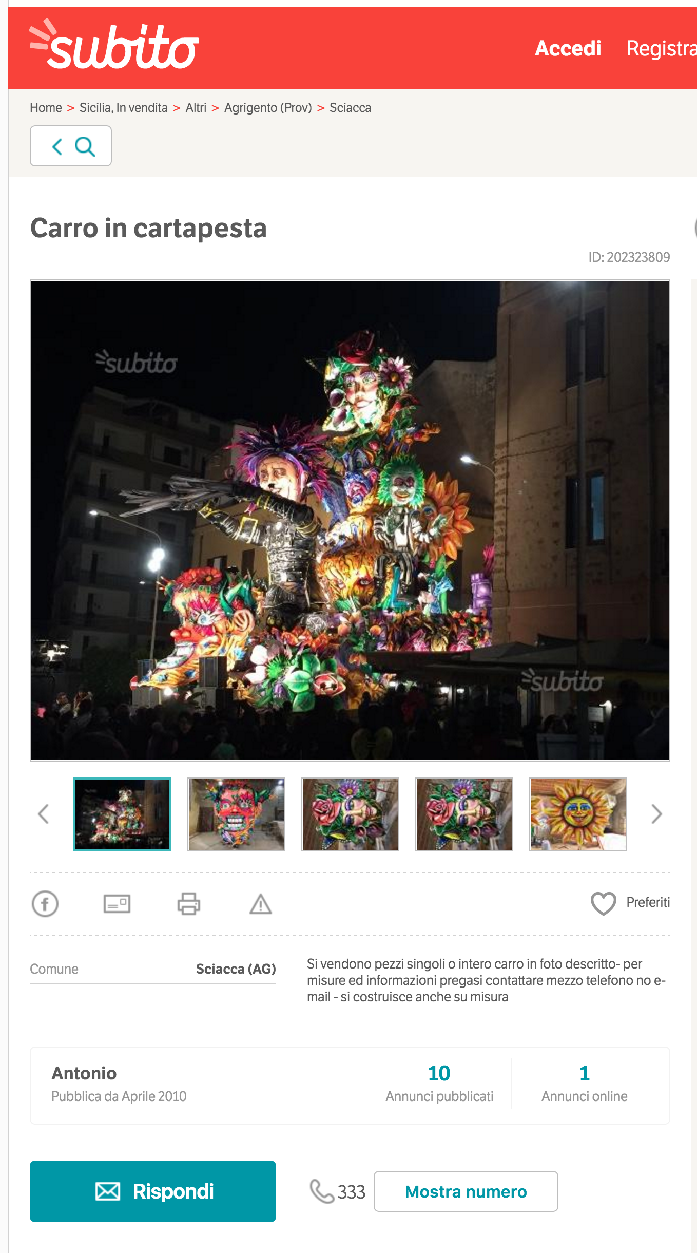 In vendita su un sito online il quarto carro allegorico classificato al Carnevale di Sciacca