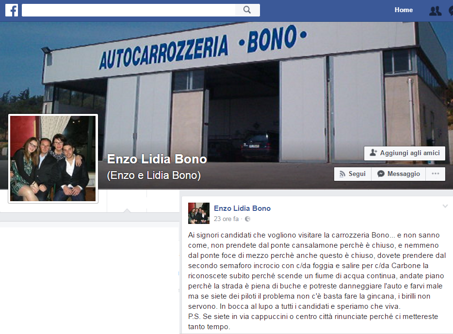 Su Facebook le indicazioni ironiche (e polemiche) di un autocarrozziere di contrada Carbone ai candidati a sindaco