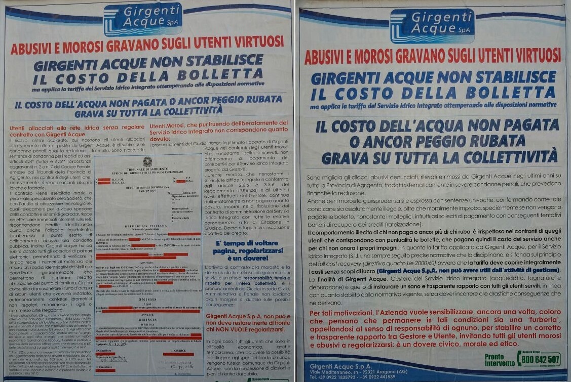 Manifesti sui muri cittadini affissi da Girgenti Acque: "Chi non paga l'acqua non è furbo, si metta in regola"