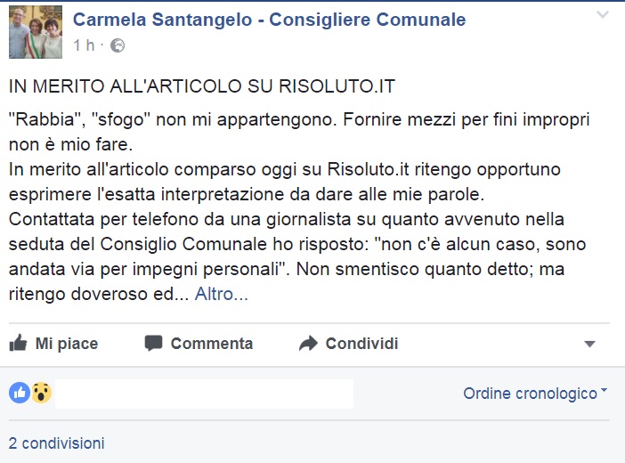 Carmela Santangelo replica a Risoluto.it con un post su Facebook, e ancora una volta tira il sasso e nasconde la mano