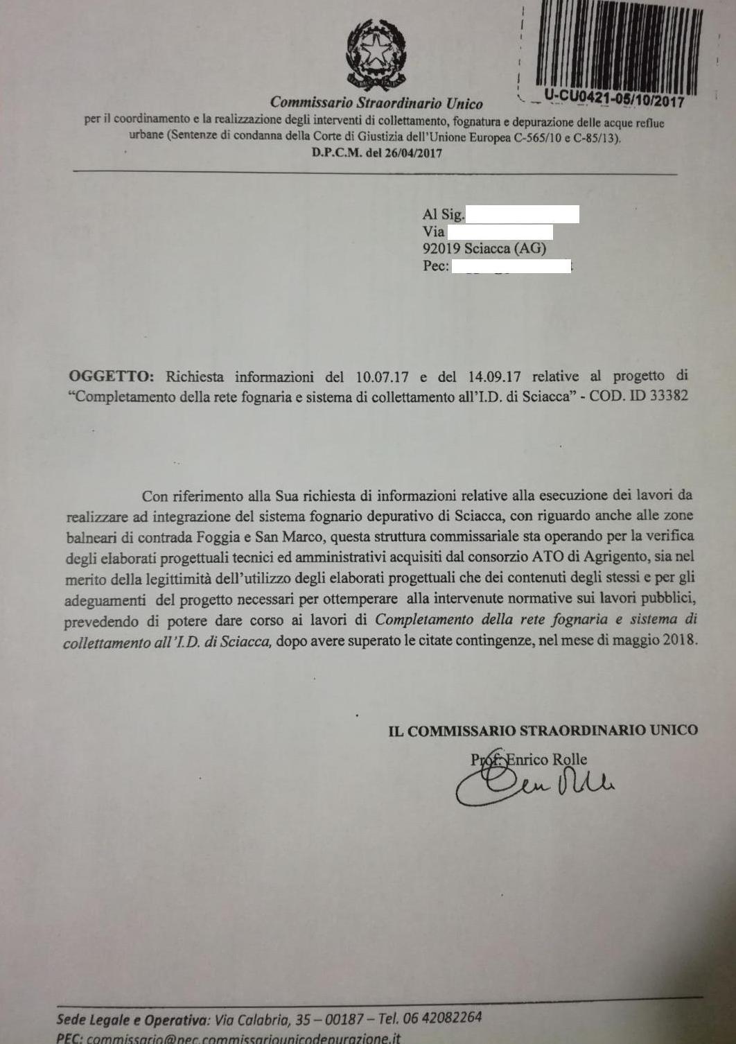 Completamento della rete fognante, Rolle risponde alla lettera di un saccense: "Inizio lavori a maggio 2018".