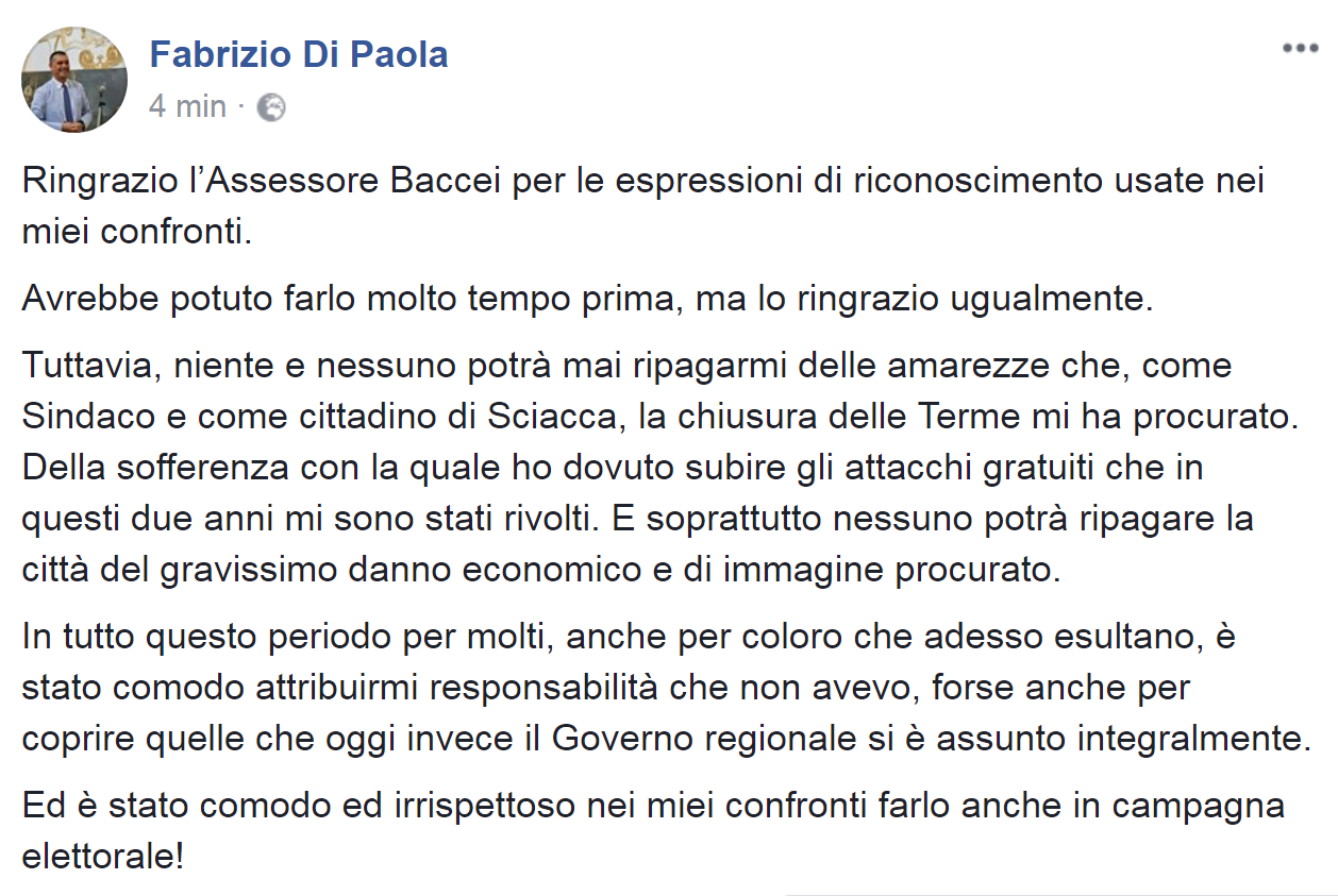 Fabrizio Di Paola su Facebook: "Grazie Baccei, ma questa vicenda mi ha procurato tante sofferenze"