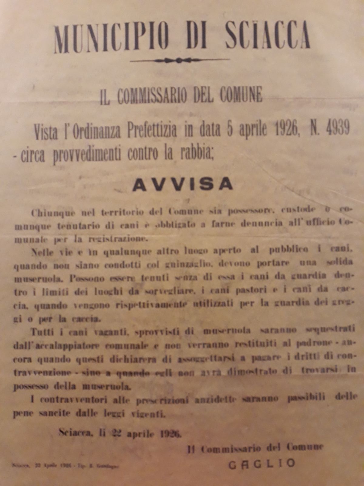 In un manifesto del 1926 il Comune di Sciacca dettava regole precise per i possessori di cani