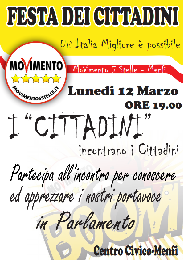 Menfi. Lunedì sera "Festa dei Cittadini": incontro coi parlamentari promosso dal Movimento 5 Stelle