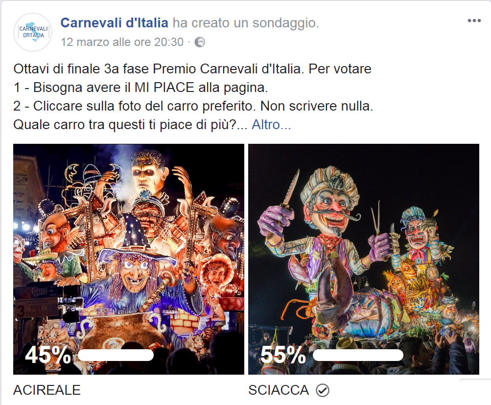 Sondaggio su FB tra due carri allegorici: uno di Sciacca e l'altro di Acireale. Polemiche in rete dopo che numerosi saccensi hanno votato per il carro acese
