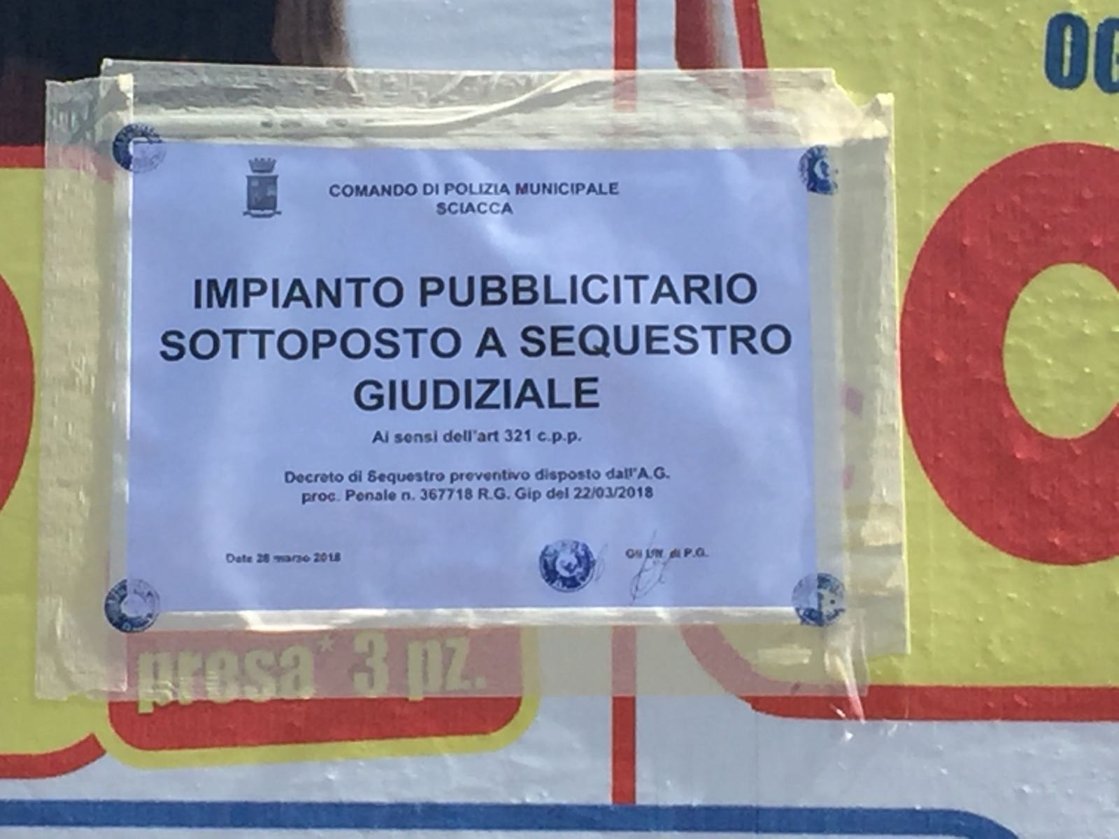 Sequestrati dalla Procura della Repubblica di Sciacca 8 impianti pubblicitari in diverse zone della città