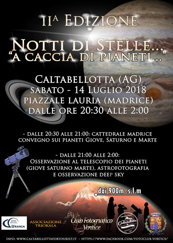 "Notte di stelle ... a caccia di pianeti", evento dedicato all'osservazione degli astri e pianeti a Caltabellotta