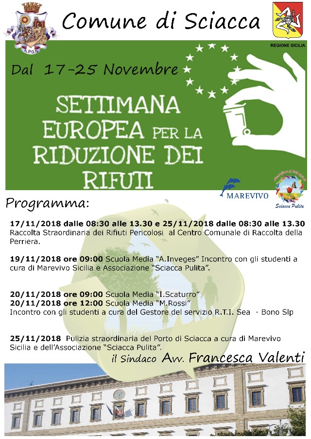Settimana europea per la riduzione di rifiuti, aderisce anche la citta' di Sciacca