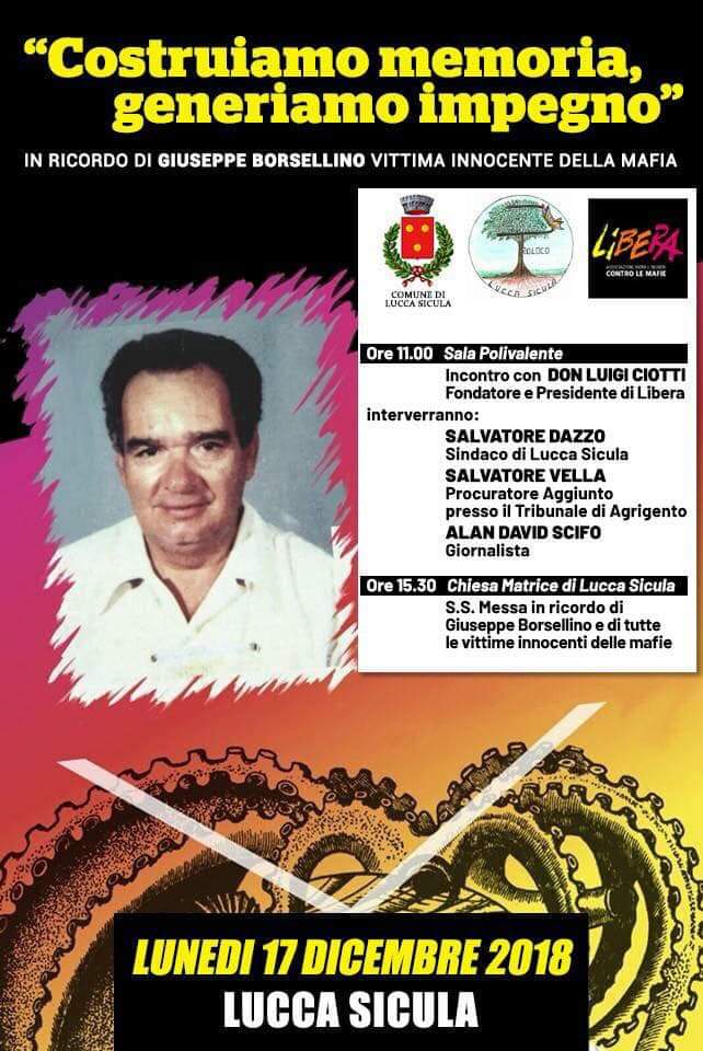 L’associazione “Libera“ di Don Ciotti ricorda Giuseppe Borsellino nel ventiseiesimo anniversario della sua morte