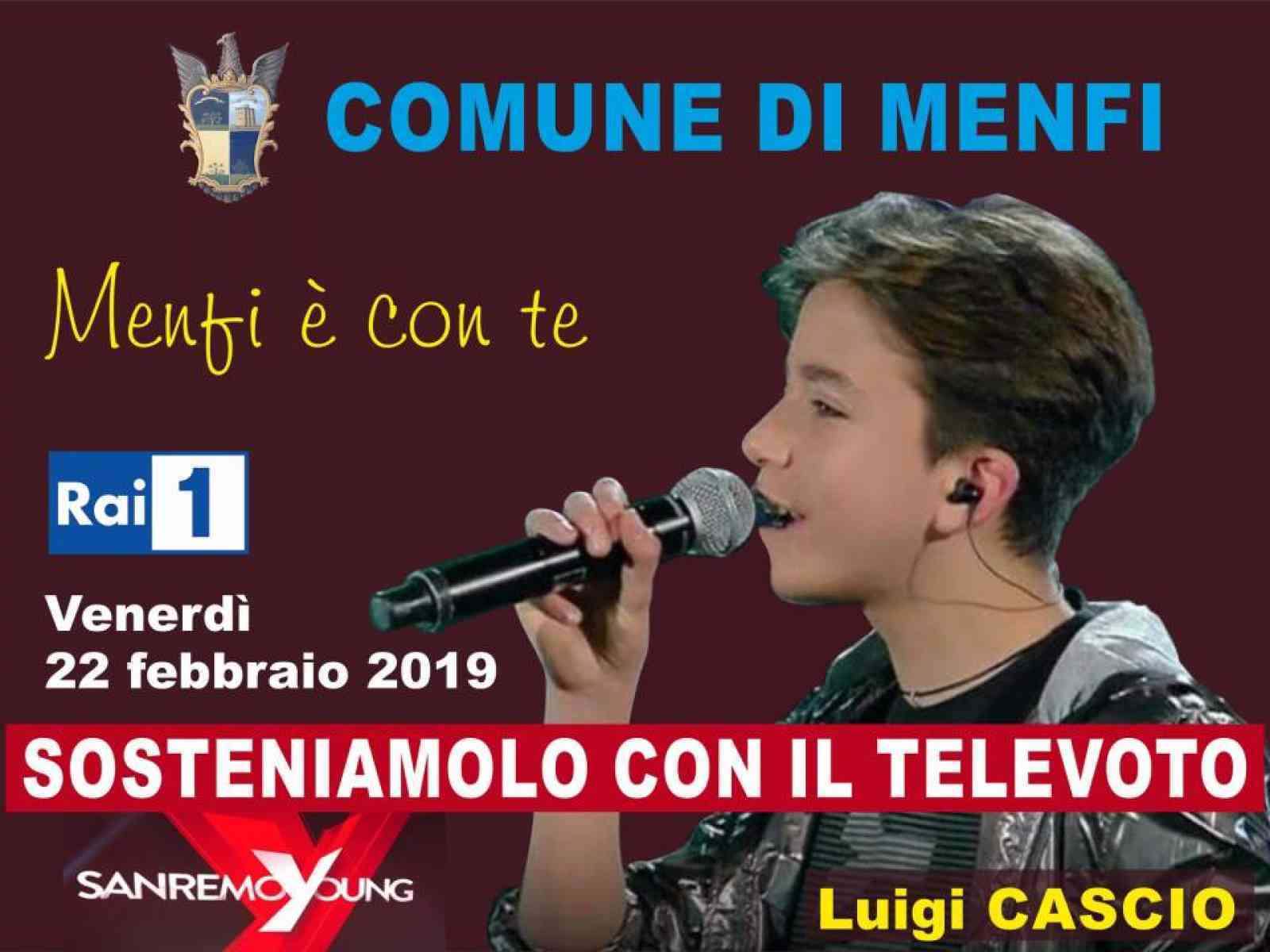 Il Comune sostiene l'avventura di Luigi Cascio a Sanremo Young, invito al sostegno al televoto per il giovanissimo menfitano