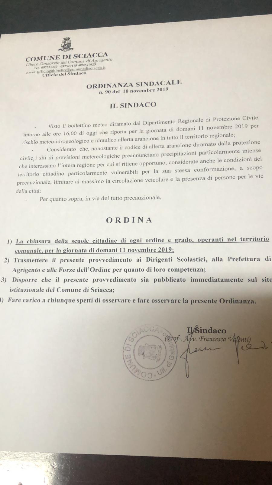Anche a Sciacca domani scuole chiuse per l'allerta arancione