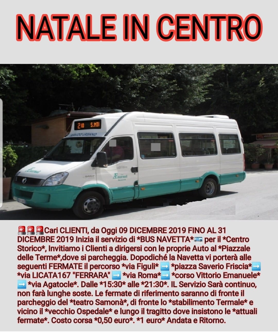 Natale in centro a Sciacca, bus navetta dalle terme 50 centesimi