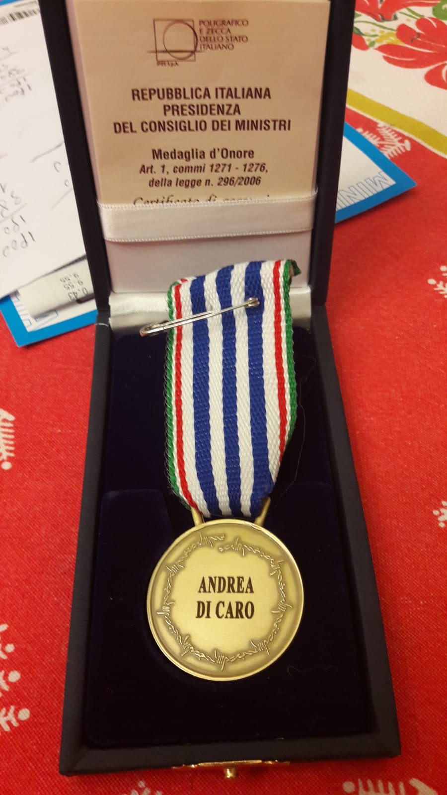 Consegnata la Medaglia d'onore alla memoria del finanziere saccense Andrea Di Carlo