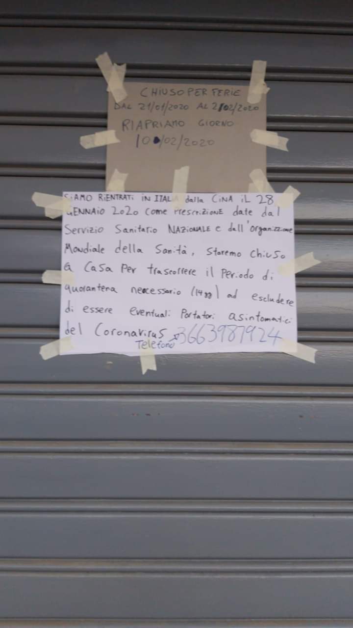Commercianti cinesi a Ribera, espongono cartello per tranquillizzare i cittadini di essersi sottoposti alla quarantena di ritorno dalla Cina