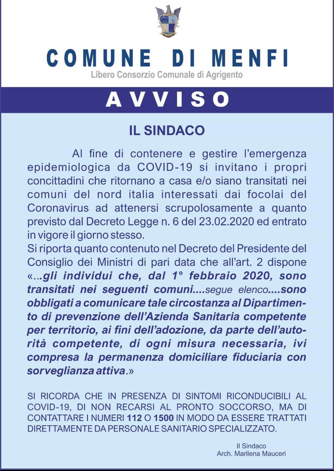 Coronavirus, l'avviso della sindaca Mauceri e il link sul portale del Comune di Sciacca