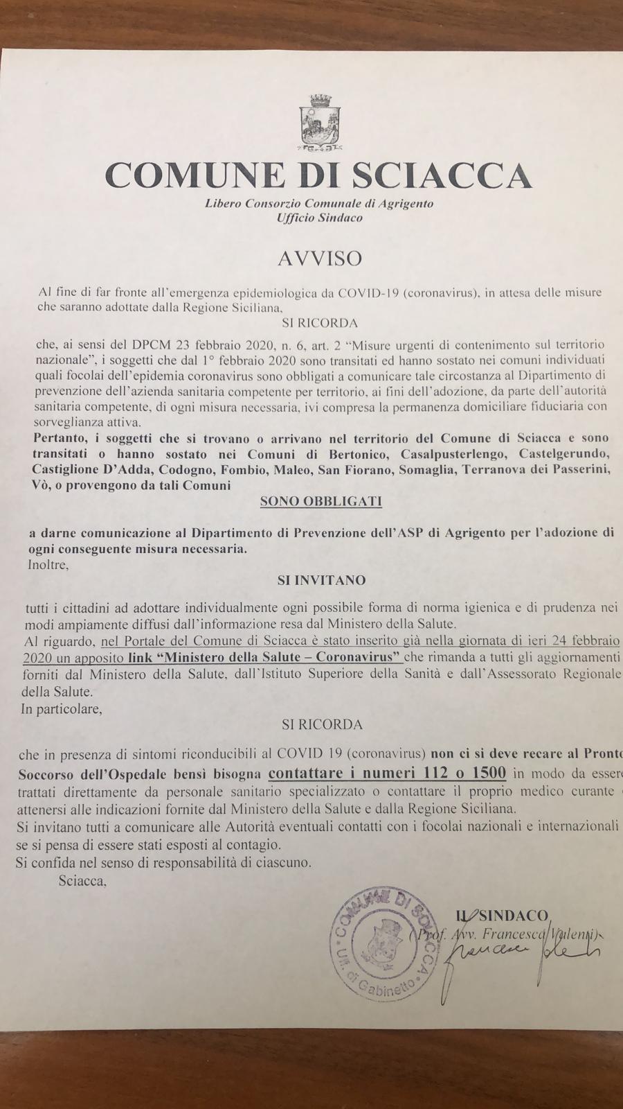 Invito anche della sindaca Valenti all'isolamento per chi proviene dalle zone del focolaio Coronavirus