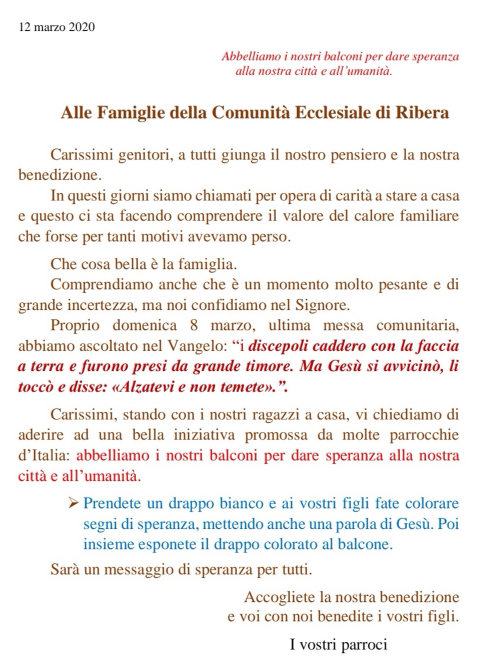 Ribera, invito dei parroci alle famiglie: “Abbelliamo i nostri balconi per dare speranza alla nostra città e all’umanità”