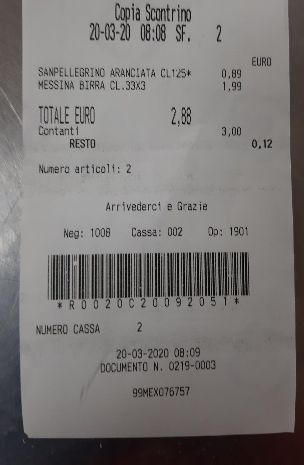 Uno dei primi scontrini battuti a Sciacca questa mattina, cliente esce di casa per acquistare birra e aranciata. Cosi' non va.