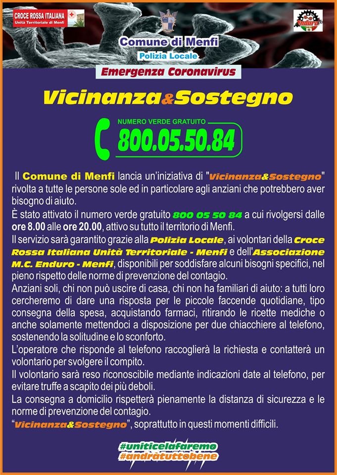 Coronavirus, il Comune di Menfi attiva un numero verde per chi necessita di aiuto nelle faccende quotidiane