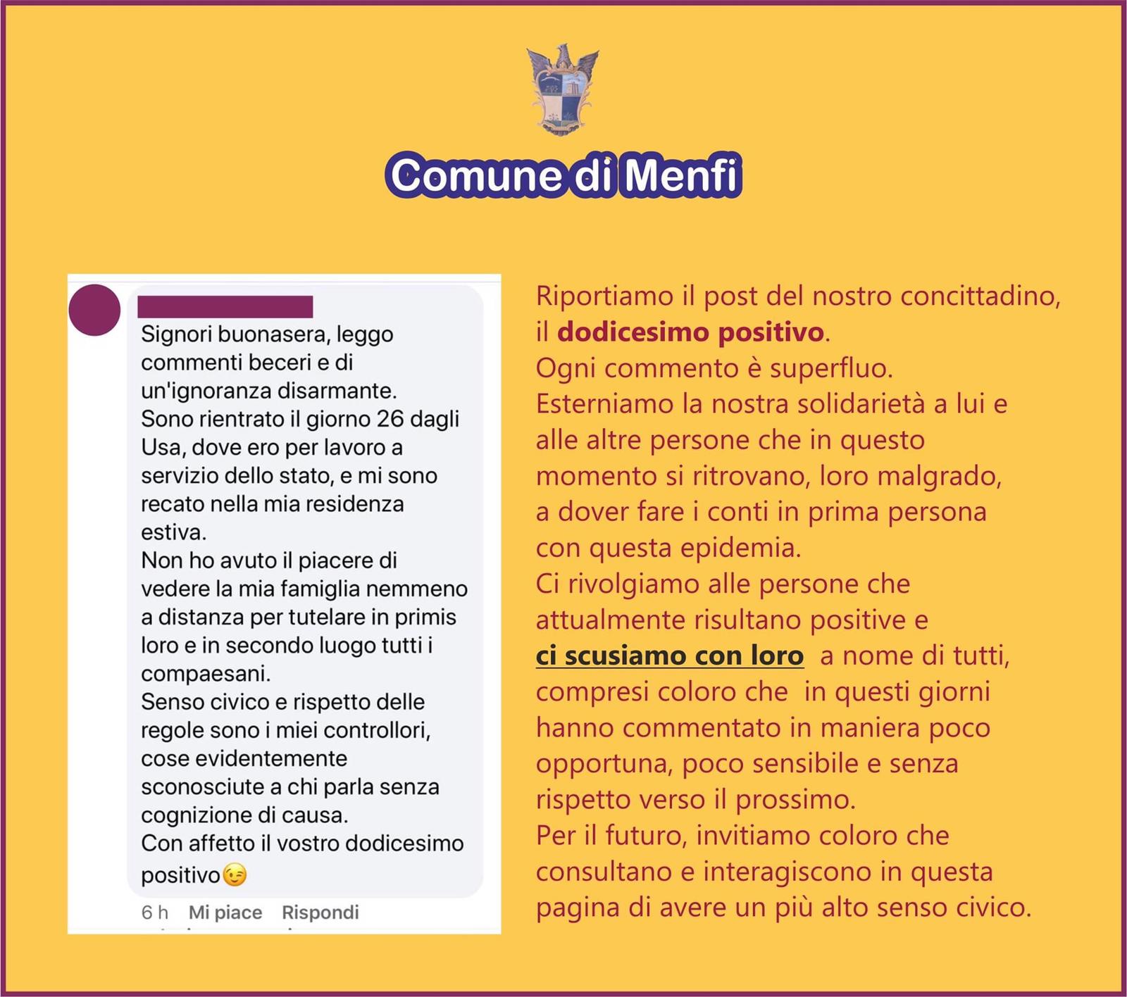 Dodicesimo positivo a Menfi, dopo le polemiche sui social interviene in prima persona: "non ho visto nemmeno la mia famiglia"