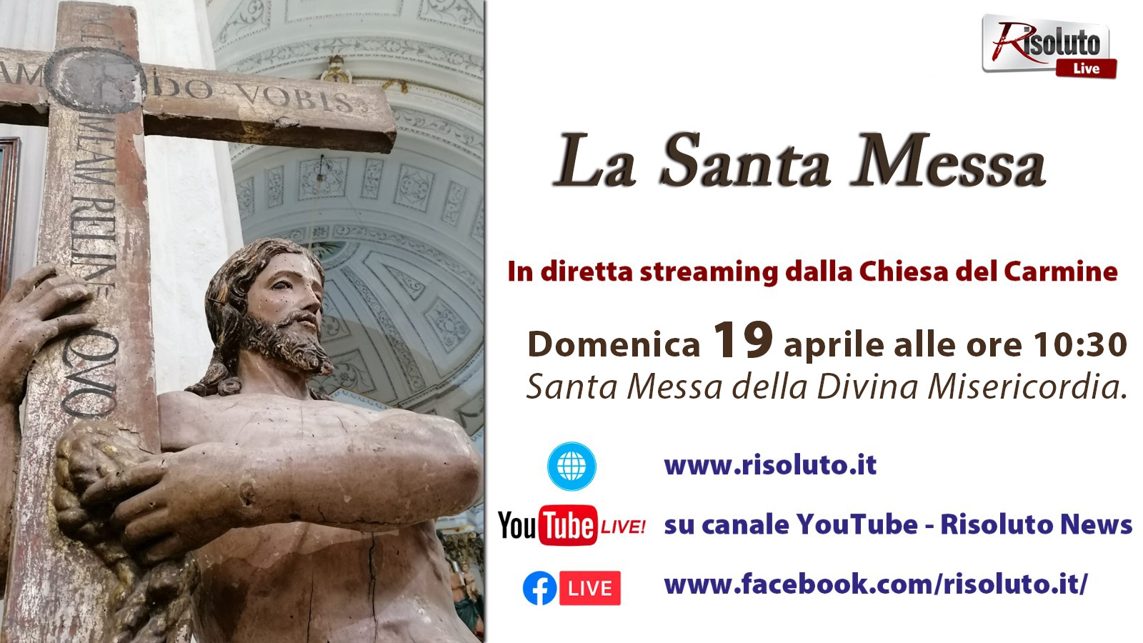 Domani alle 10,30 in diretta su Risoluto.it la messa dalla chiesa del Carmine di Sciacca