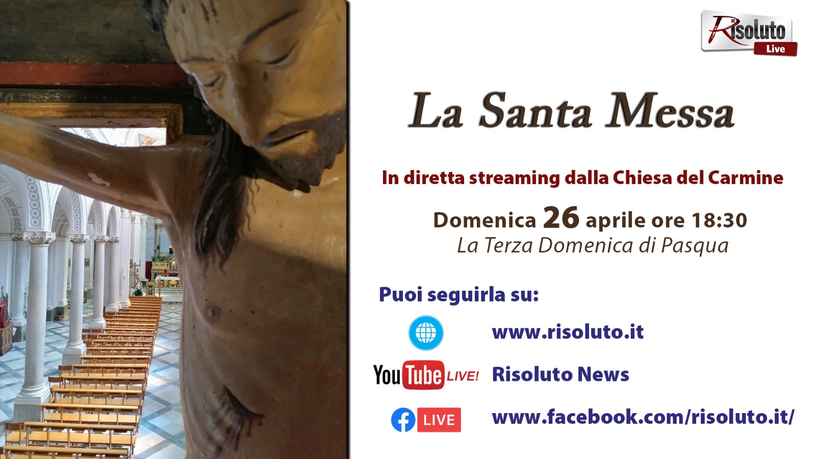 Questa sera, alle 18,30, su Risoluto.it, la messa in diretta dalla chiesa del Carmine di Sciacca