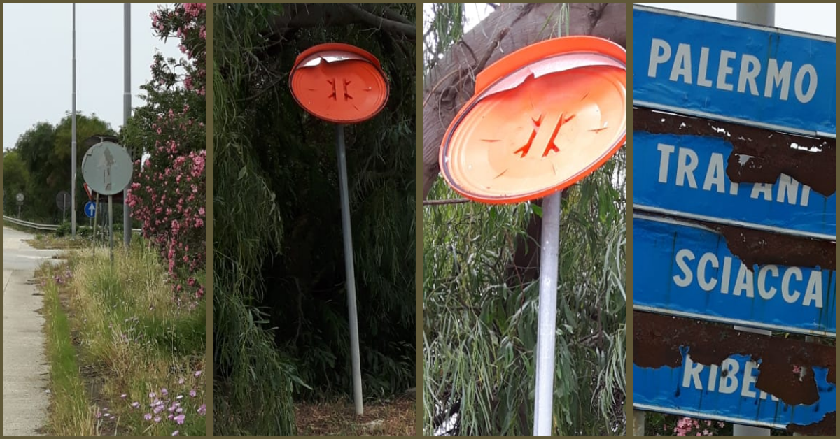 Lo svincolo di Sciacca est al buio da quasi due anni tra segnaletica stradale malridotta, sterpaglie e viabilità a rischio