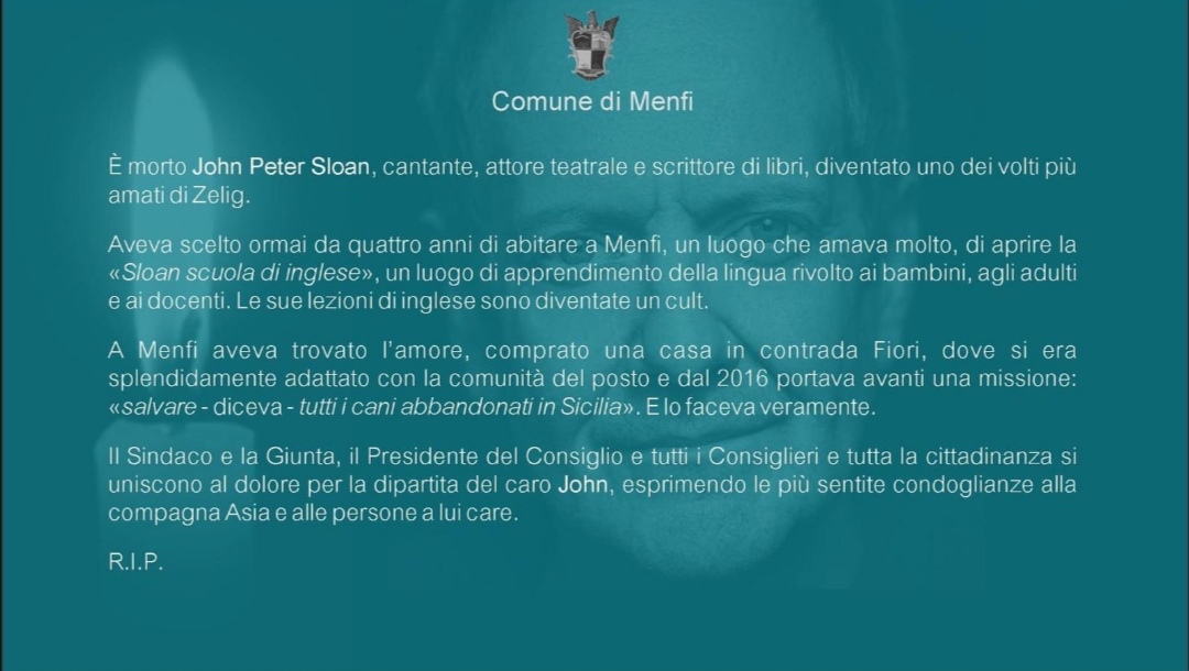 Menfi, cordoglio della cittadinanza per la morte di John Peter Sloan