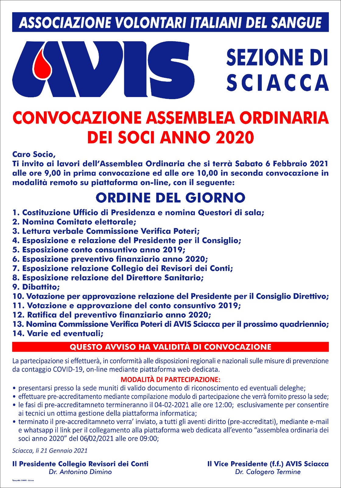 Assemblea dei soci Avis di Sciacca in modalita' telematica il prossimo sei febbraio