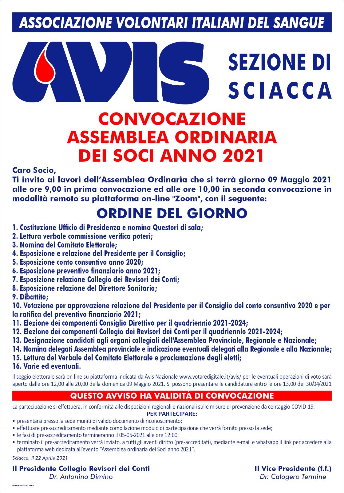 Convocazione assemblea soci AVIS anno 2021 sezione di Sciacca, in programma il nove maggio