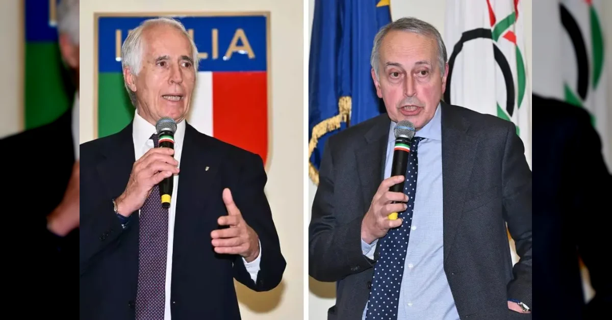 Assemblea Elettiva Figc 2026 con i candidati Malagò e Abete che si stringono la mano