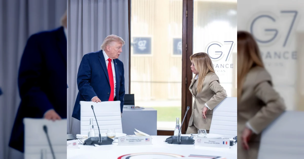 Donald Trump e Giorgia Meloni al G7 di Évian, protagonisti del dibattito mediatico italiano