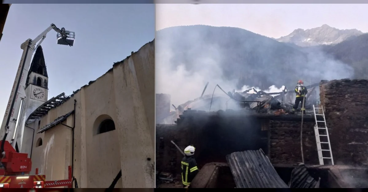 Vasto incendio notturno a Fraviano di Vermiglio con fiamme e fumo visibili, vigili del fuoco al lavoro