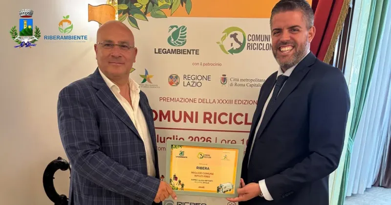 Ribera con l’87% di differenziata premiata a Roma tra i “Comuni Ricicloni 2026”