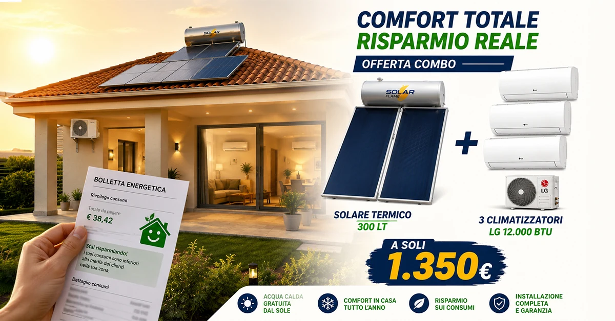 Abitazione moderna con impianto solare termico sul tetto, tre climatizzatori e bolletta energetica che evidenzia il risparmio sui consumi.
