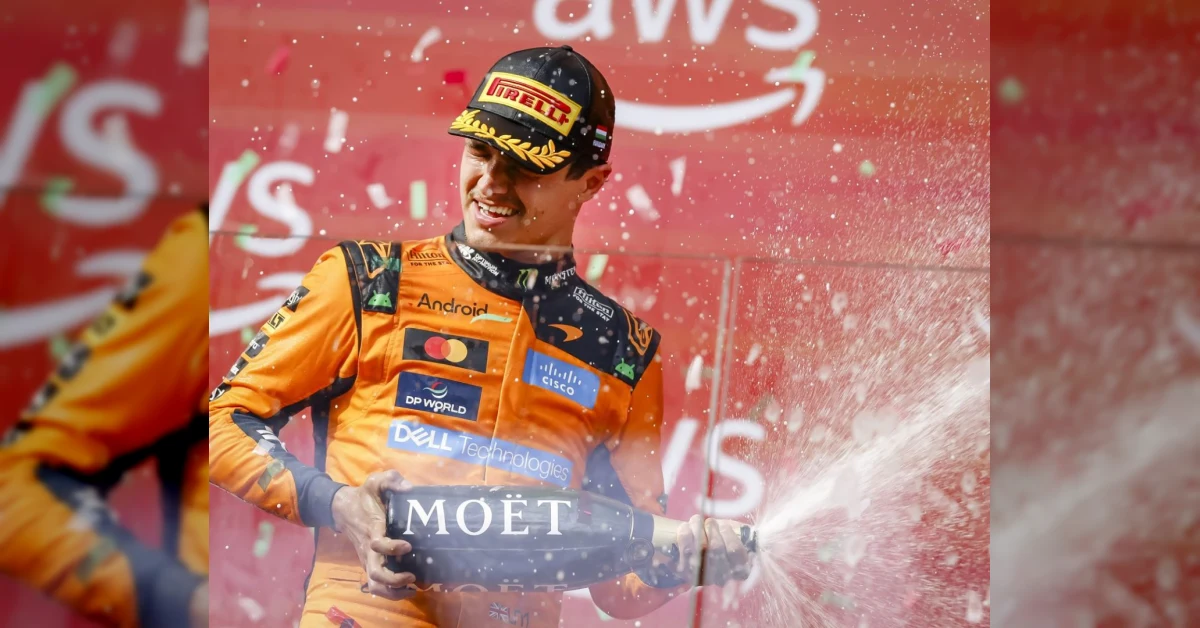 Lando Norris celebra la vittoria al Gran Premio d'Ungheria 2026, dodicesimo successo in carriera per il pilota McLaren
