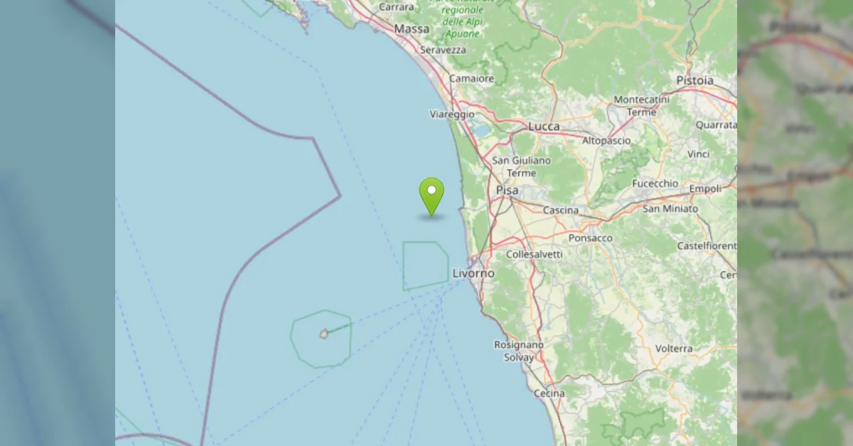 Mappa sismica della Toscana con epicentro del terremoto di magnitudo 3.7 in mare