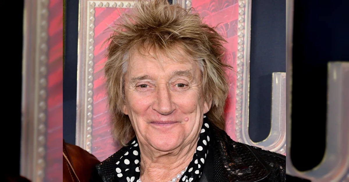Rod Stewart sorridente sul palco durante un concerto dal vivo